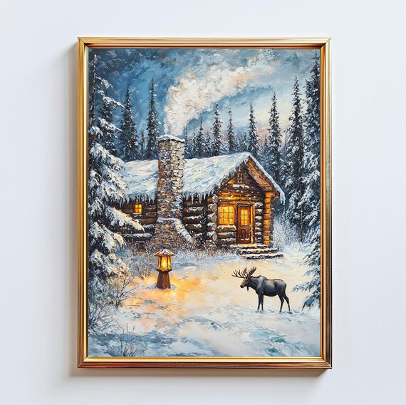 Snowy Forest Cabin With Moose Winter Scene Art