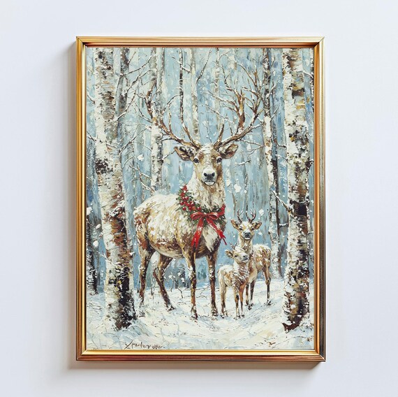 Winter Deer Family In Birch Forest Wall Art
