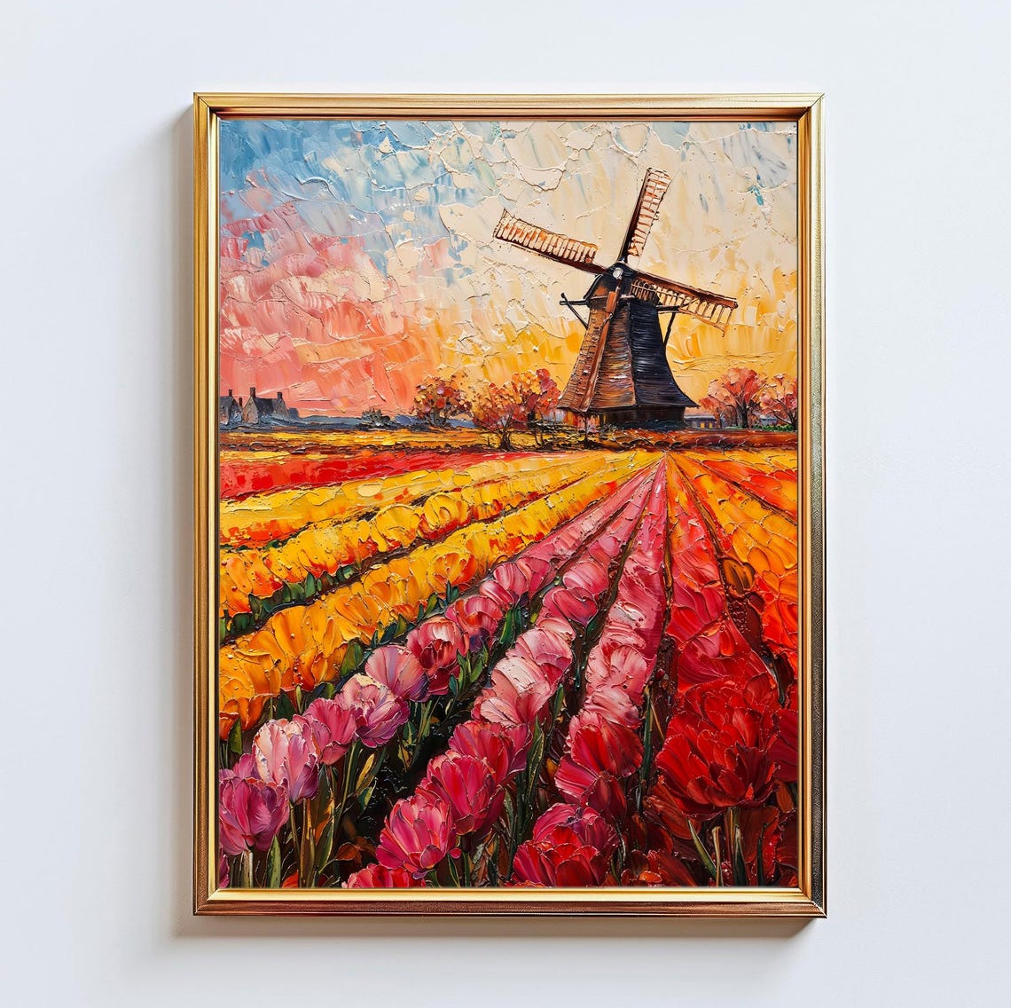 Dutch Windmill Tulip Fields Sunset Impasto Oil Painting Art Poster