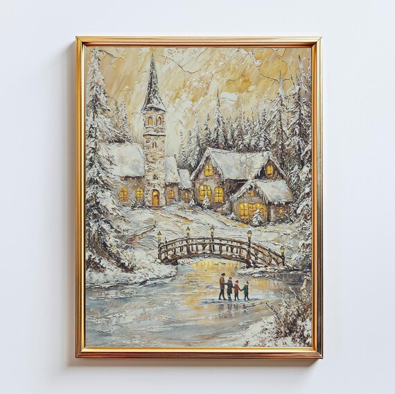 Snowy Christmas Village Church Frozen River Skaters Vintage Oil Poster