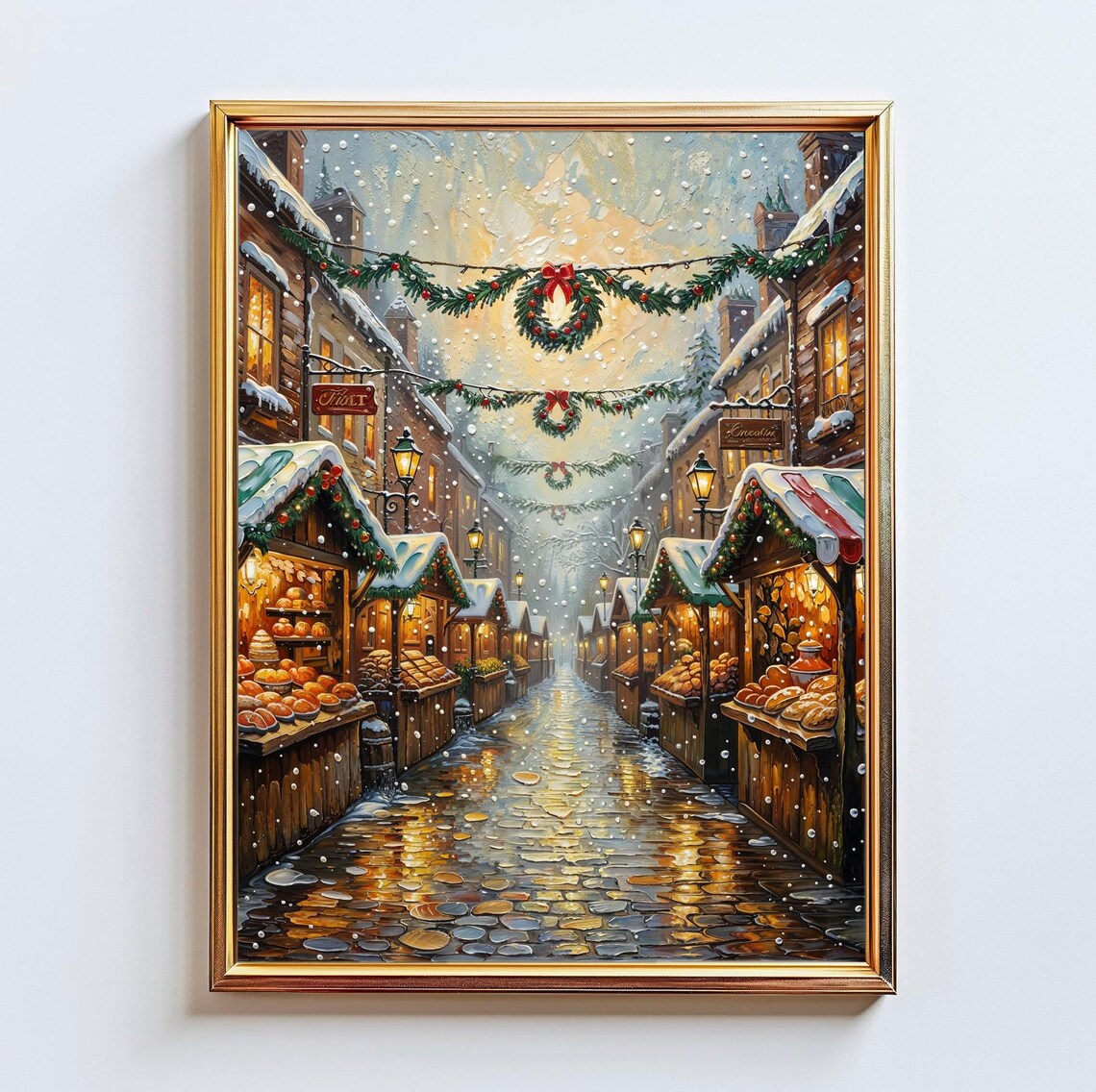 Snowy Christmas Market Street Glowing Stalls Garland Winter Art Print