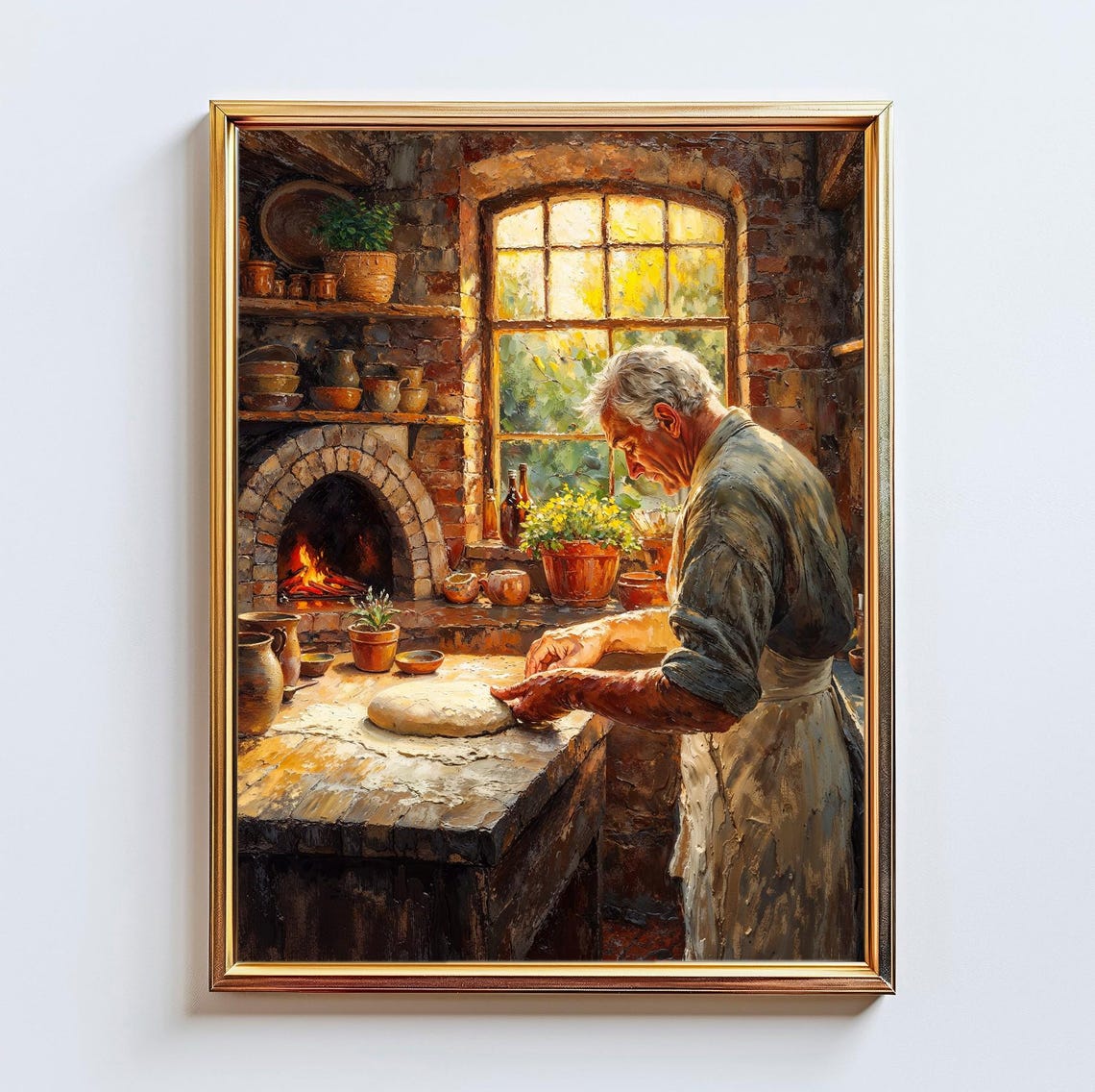 Rustic Baker Kneading Dough Cozy Old World Kitchen Oil Painting Print