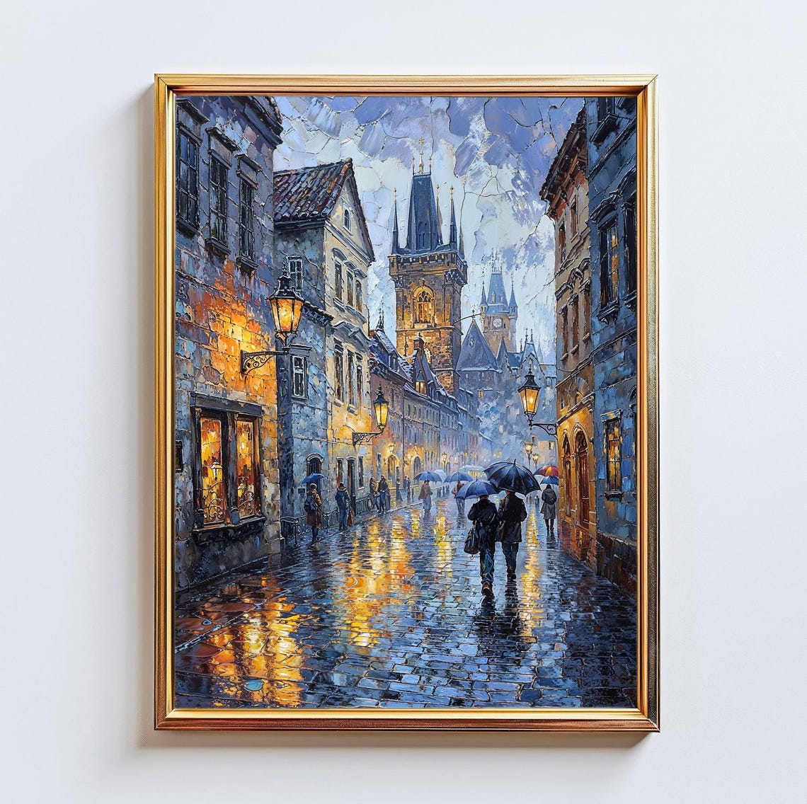 Prague Rainy Old Town Street Umbrellas Impasto Evening Art Poster