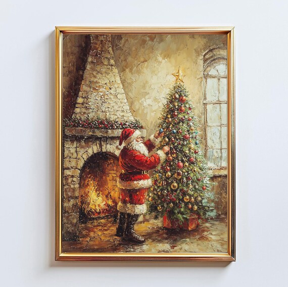 Santa Claus Decorating Christmas Tree Cozy Fireplace Holiday Poster