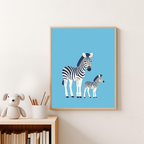 Mommy And Baby Zebra Standing Blue Background Nursery Wall Art