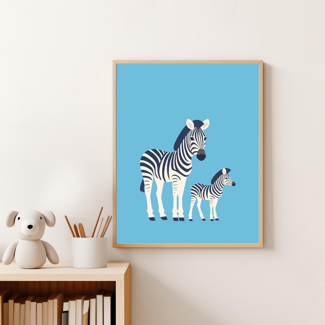 Mommy And Baby Zebra Standing Blue Background Nursery Wall Art