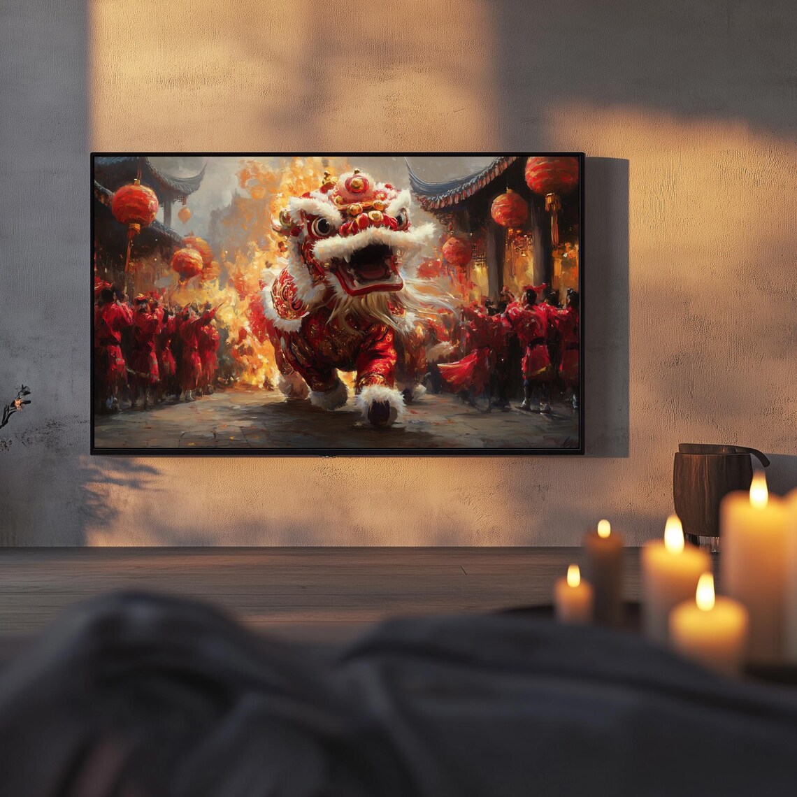 Chinese Lion Dance Lanterns Street Festival Painting TV Poster - Image 3
