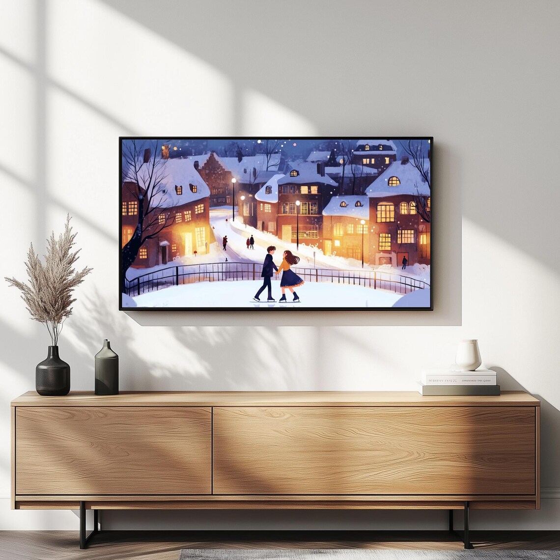 Couple Ice Skating In Snowy Village Night Lights Romantic Wall Art - Image 5