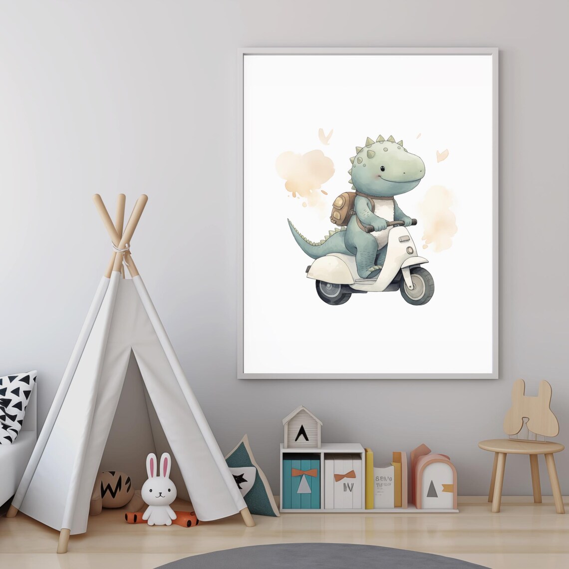 Baby Dinosaur Riding White Scooter With Backpack Nursery Wall Art - Image 5