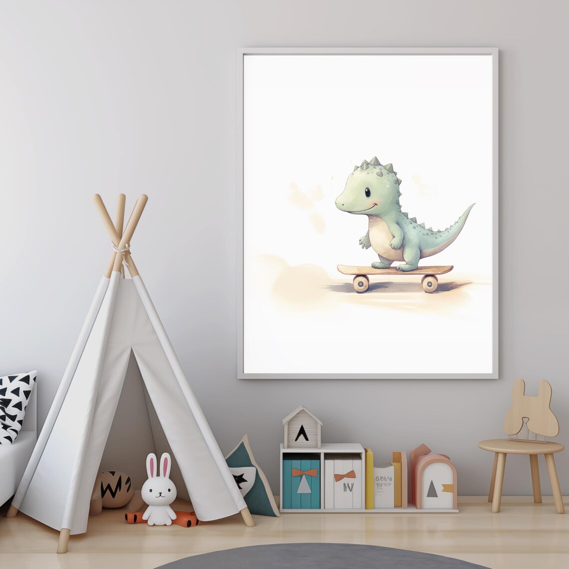 Cute Baby Dinosaur Skateboard Watercolor Kids Room Decor Wall Art - Image 4