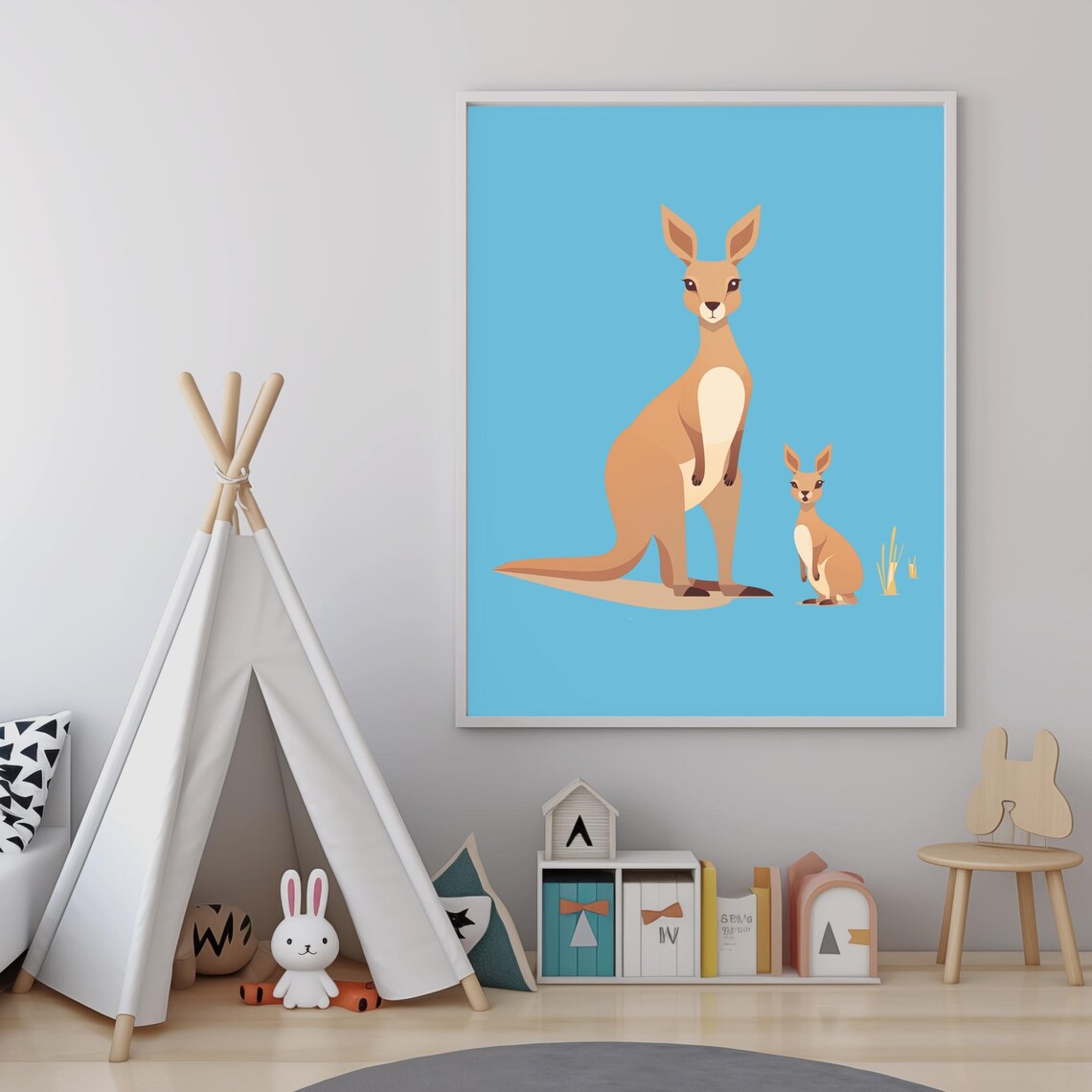 Mommy And Baby Kangaroo With Joey Light Blue Nursery Wall Art - Image 4
