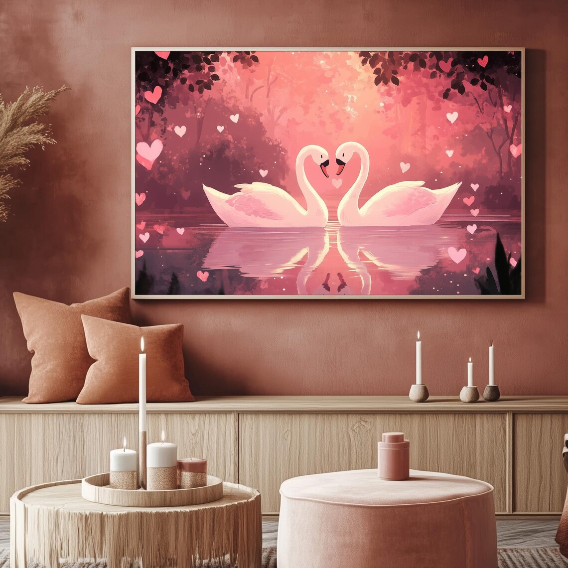Swans Heart Necks Pink Lake Sunset Romantic Art Frame TV Poster - Image 2