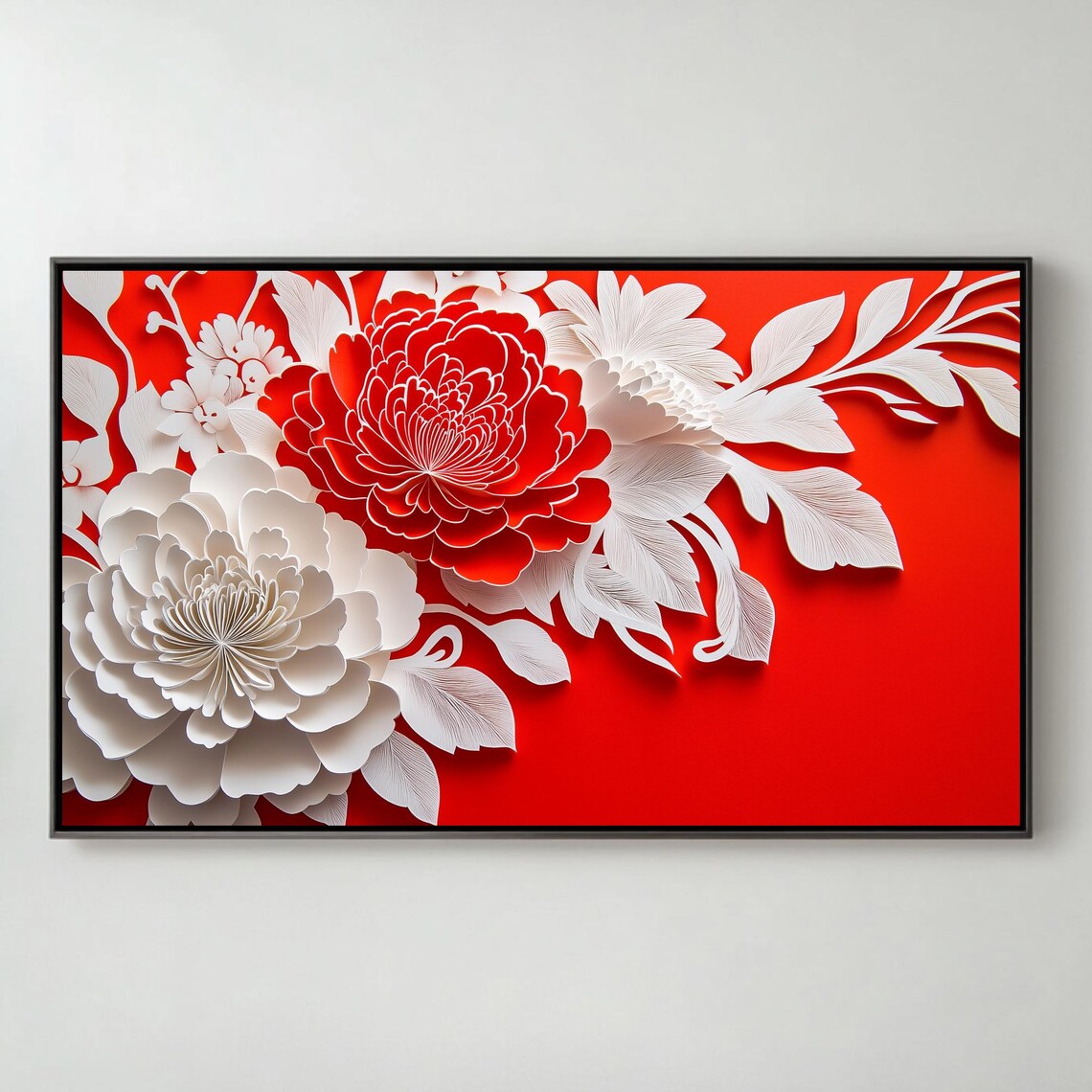 Red White Papercut Peonies Chinese Floral Art Frame TV Poster