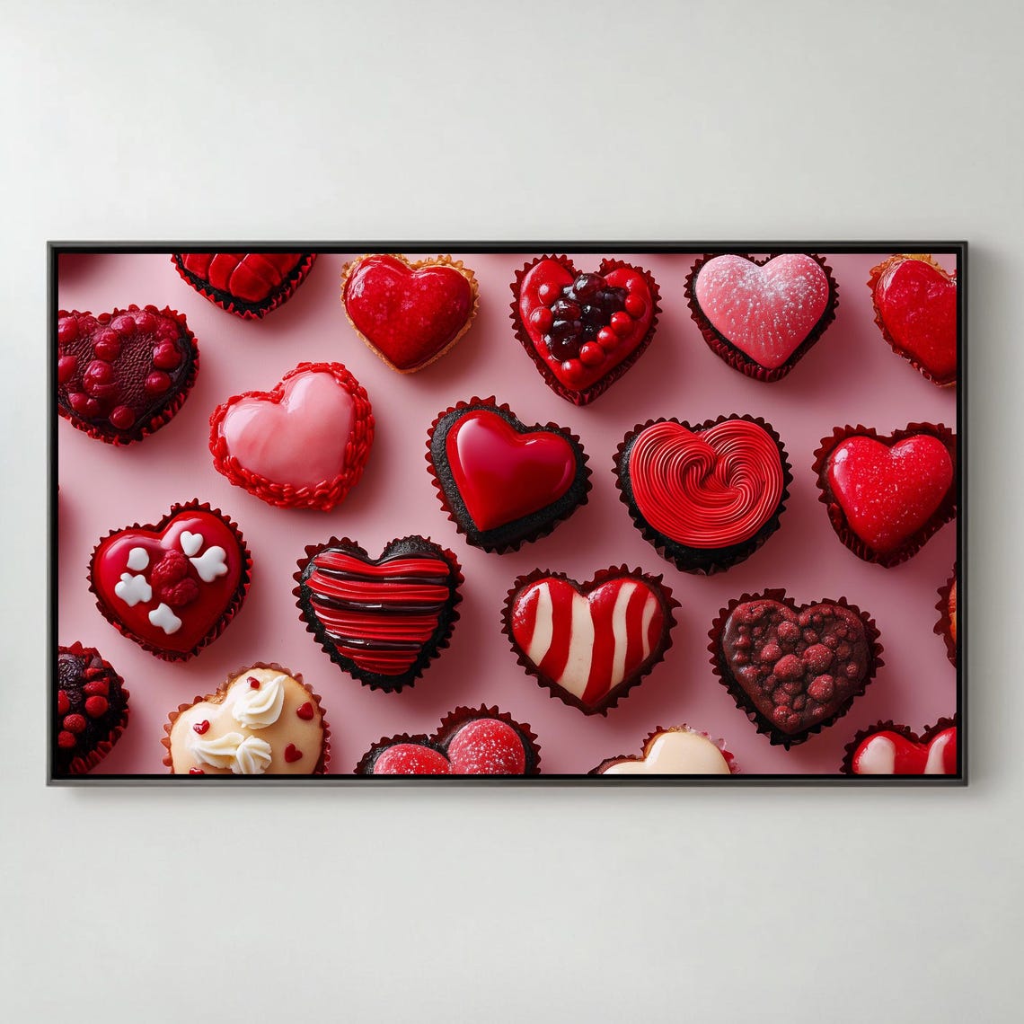 Red Heart Cupcakes Valentines Day Pattern Dessert Art Frame TV Poster