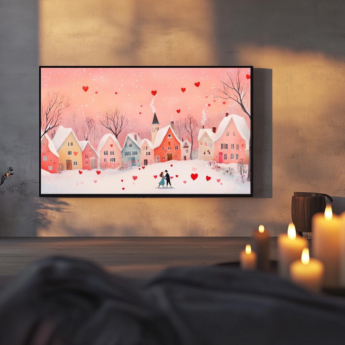 Couple Ice Skating In Snowy Pink Village Hearts Romantic Wall Art - Image 3
