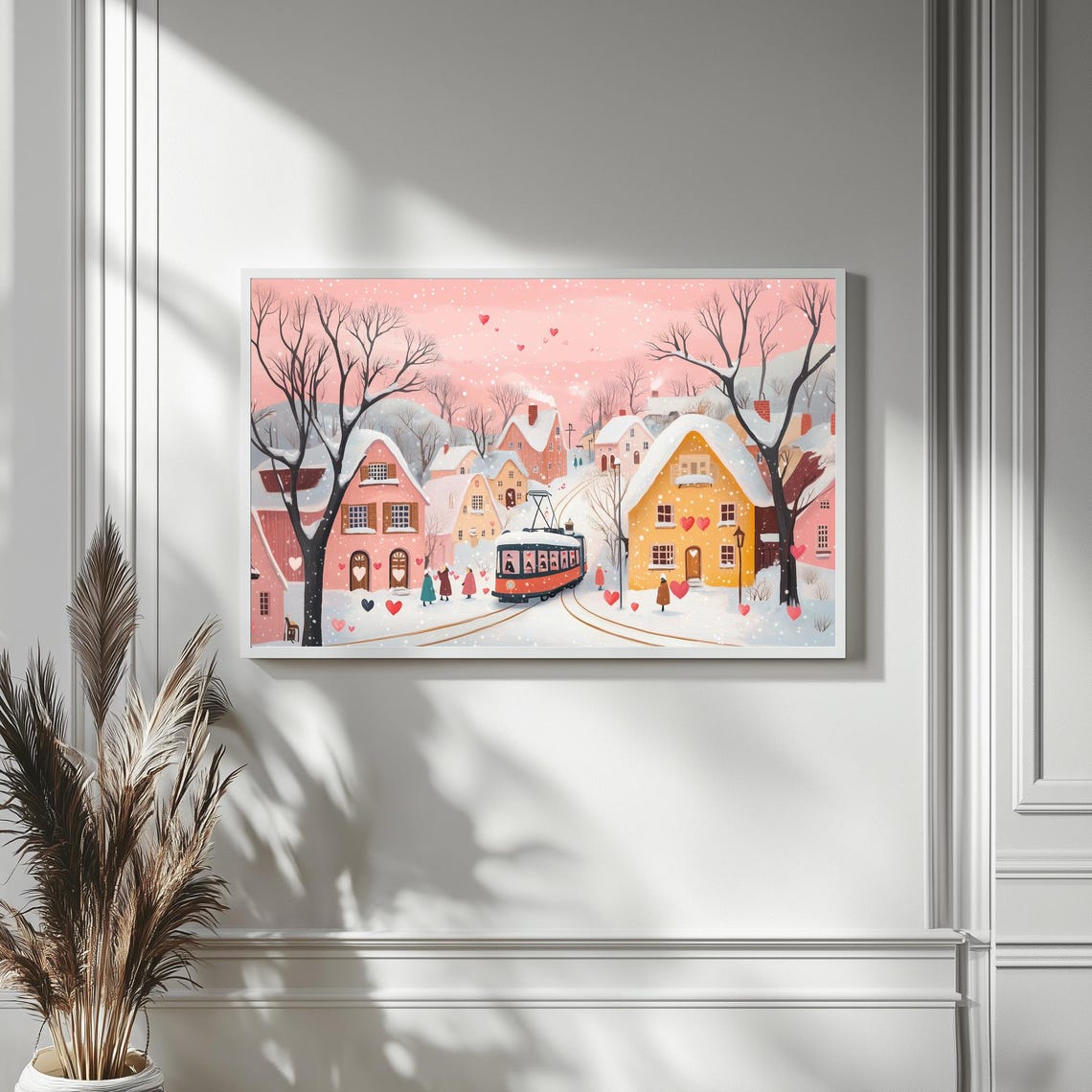 Red Tram In Snowy Pink Village Floating Hearts Romantic Wall Art - Image 4