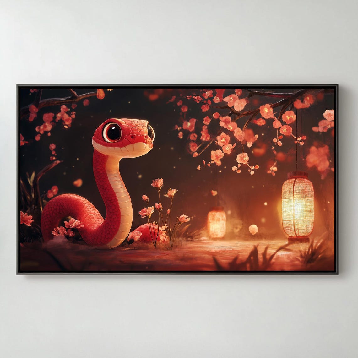 Cute Red Snake Cherry Blossoms Lanterns Lunar New Year TV Poster