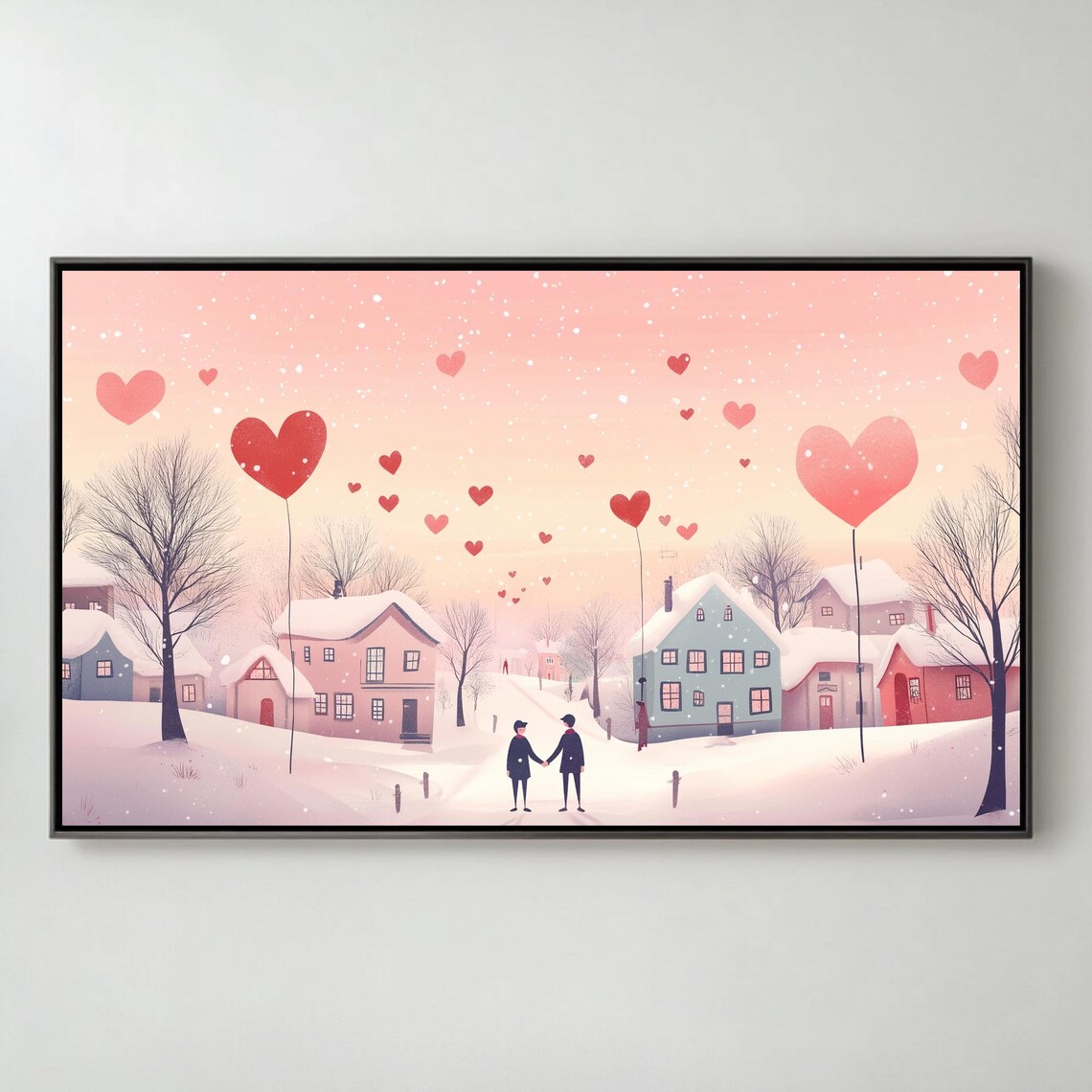 Gay Couple Holding Hands In Snowy Village Heart Balloons Wall Art
