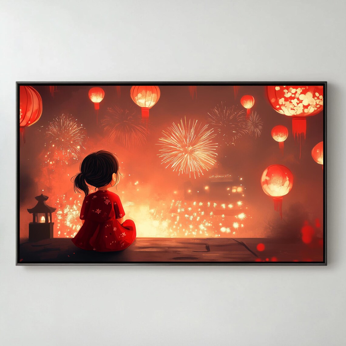 Girl Watching Fireworks Lanterns Lunar New Year Art Frame TV Poster