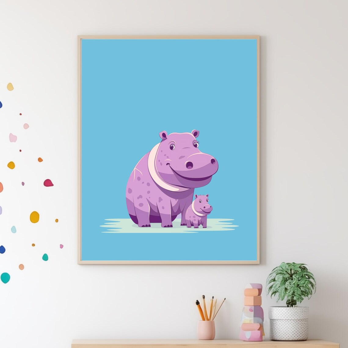 Mommy And Baby Hippo Smiling Light Blue Nursery Wall Art Poster - Image 5