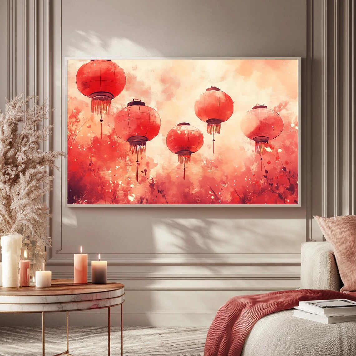 Red Chinese Lanterns Watercolor Lunar New Year Art Frame TV Poster - Image 5