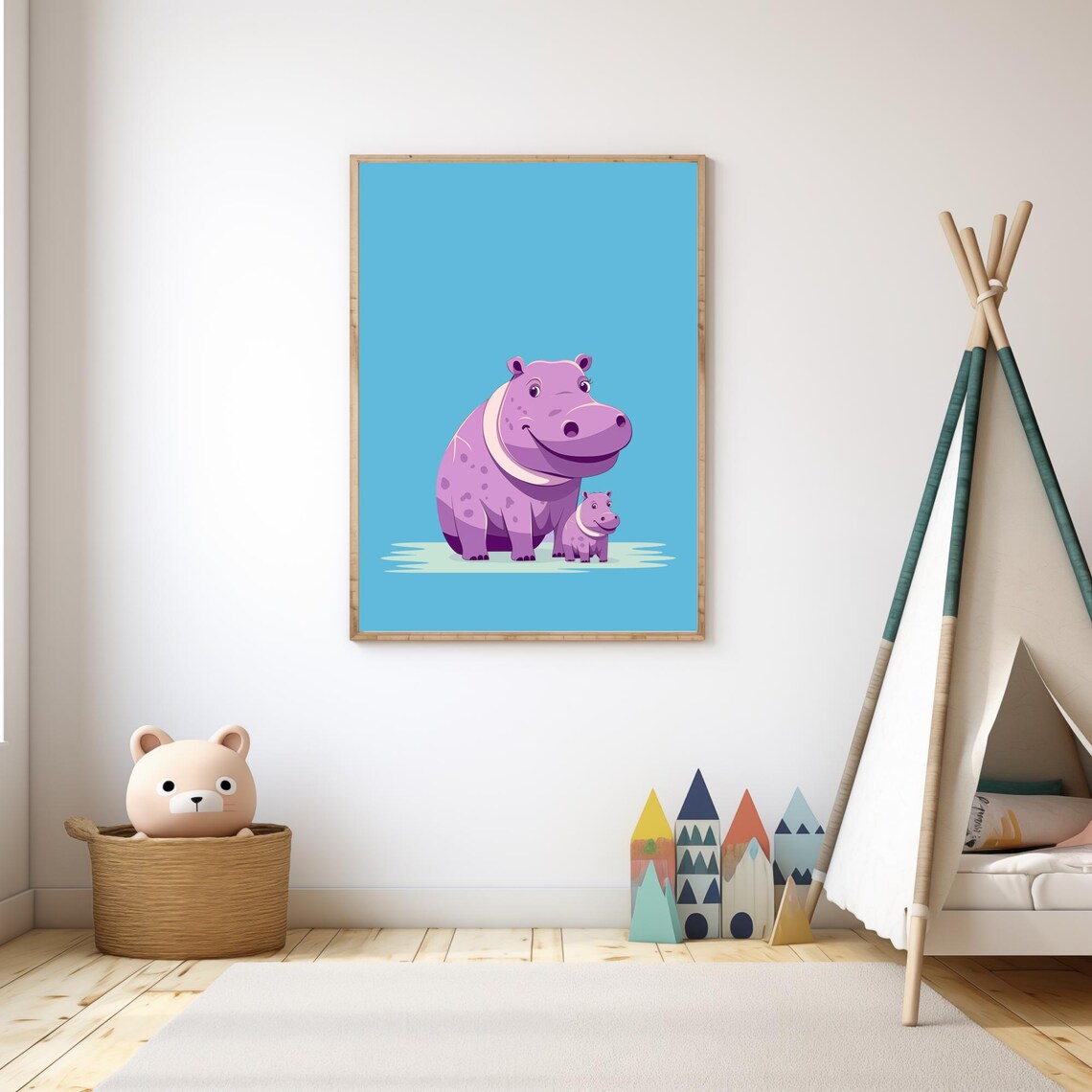 Mommy And Baby Hippo Smiling Light Blue Nursery Wall Art Poster - Image 2