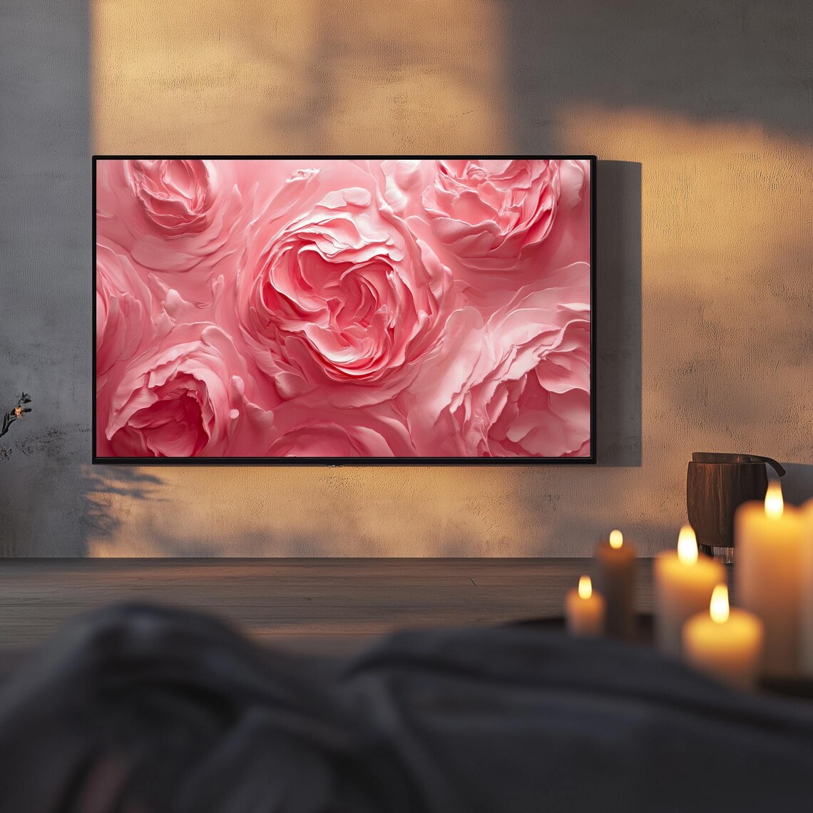 Pink Peony Blossoms Impasto Painting Romantic Frame TV Wall Art - Image 3