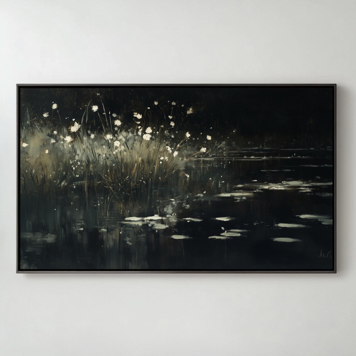 Moody Wildflowers Night Lake Botanical Painting Frame TV Poster