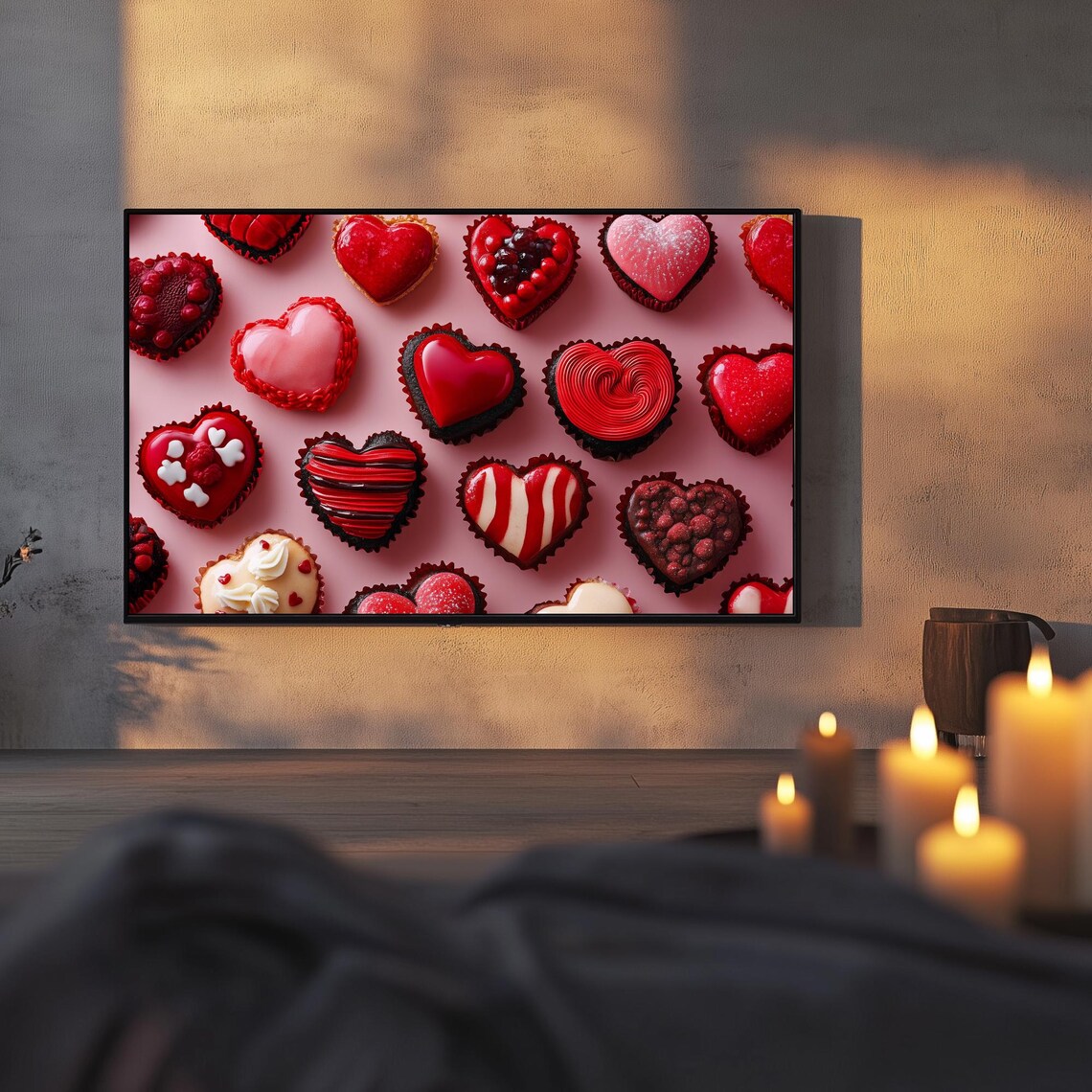 Red Heart Cupcakes Valentines Day Pattern Dessert Art Frame TV Poster - Image 3