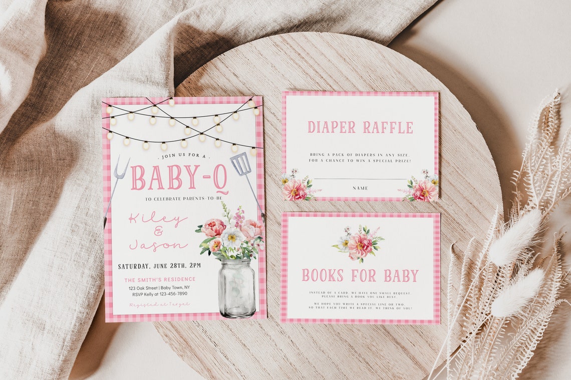 Baby Q BBQ Shower Invitation Bundle Pink Gingham Grill Party Print