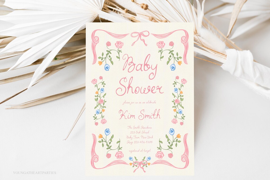 Pink Ribbon Floral Baby Shower Invitation Suite Game Card Poster - Image 5