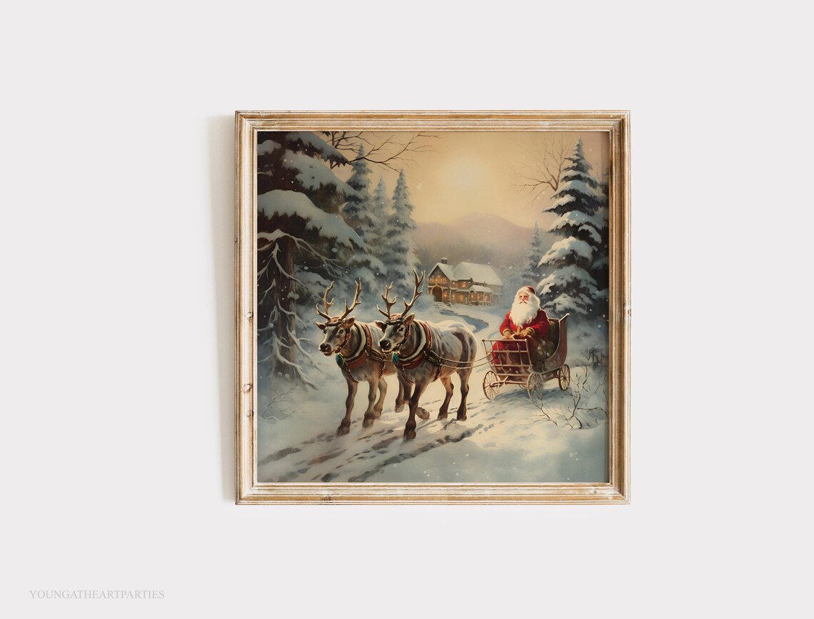 Vintage Santa Sleigh Reindeer Snowy Forest Christmas Wall Art