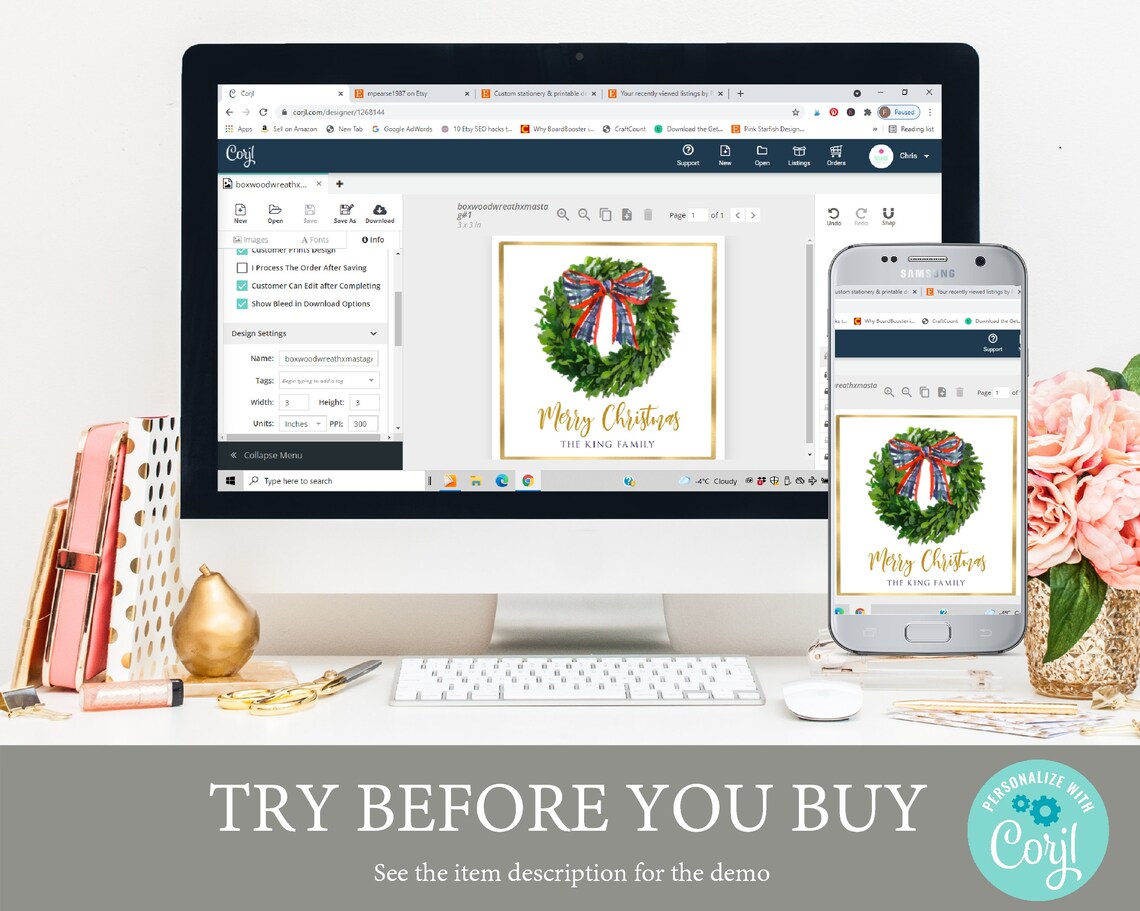 Boxwood Wreath Merry Christmas Gift Tag Plaid Bow Holiday Favor Print - Image 4