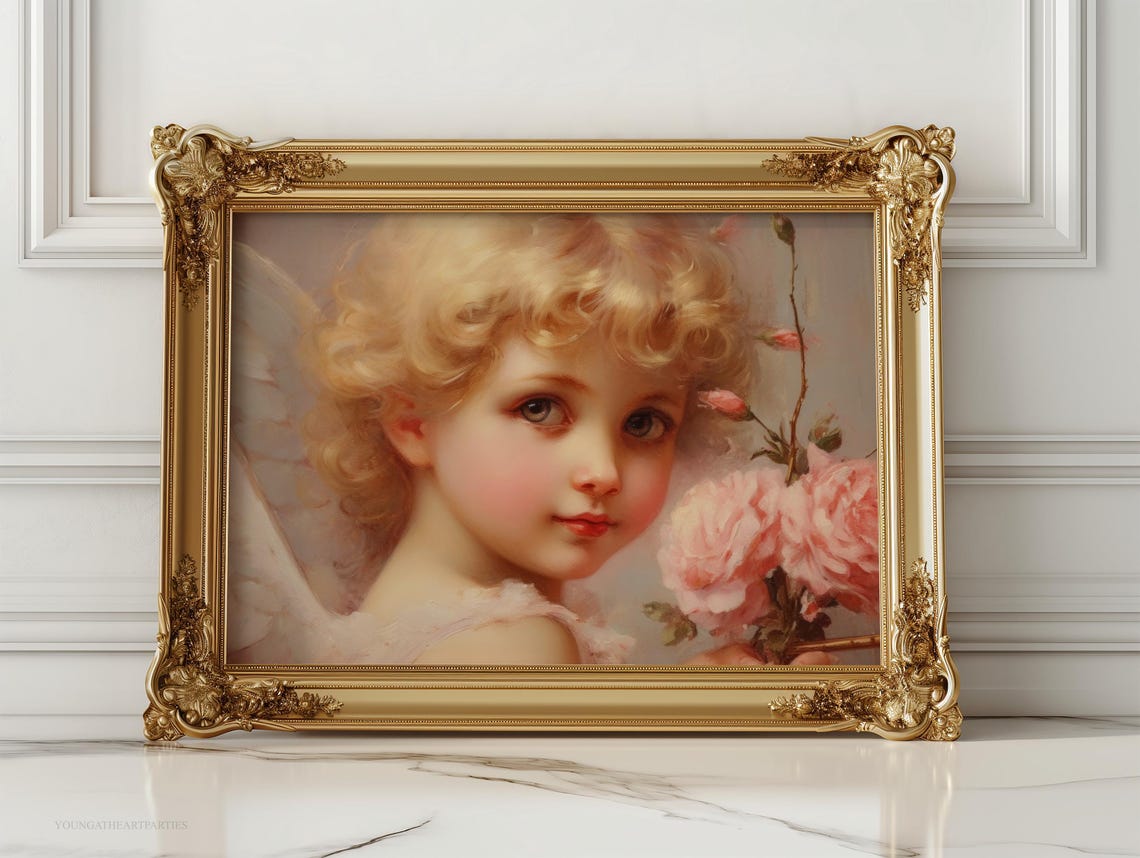 Victorian Cherub Angel with Pink Roses Classical Painting Wall Art