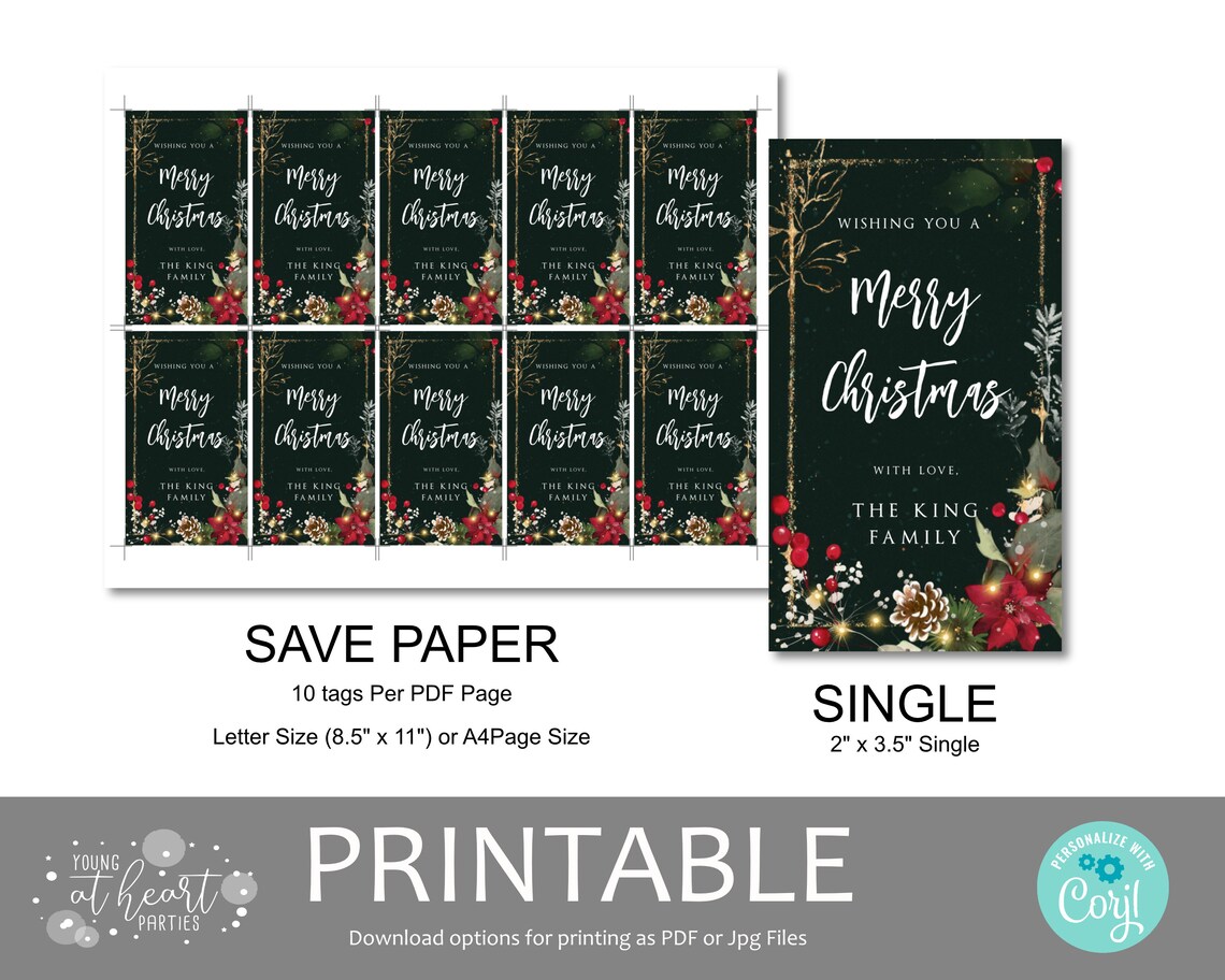 Dark Green Botanical Merry Christmas Gift Tag Gold Holiday Favor Print - Image 2