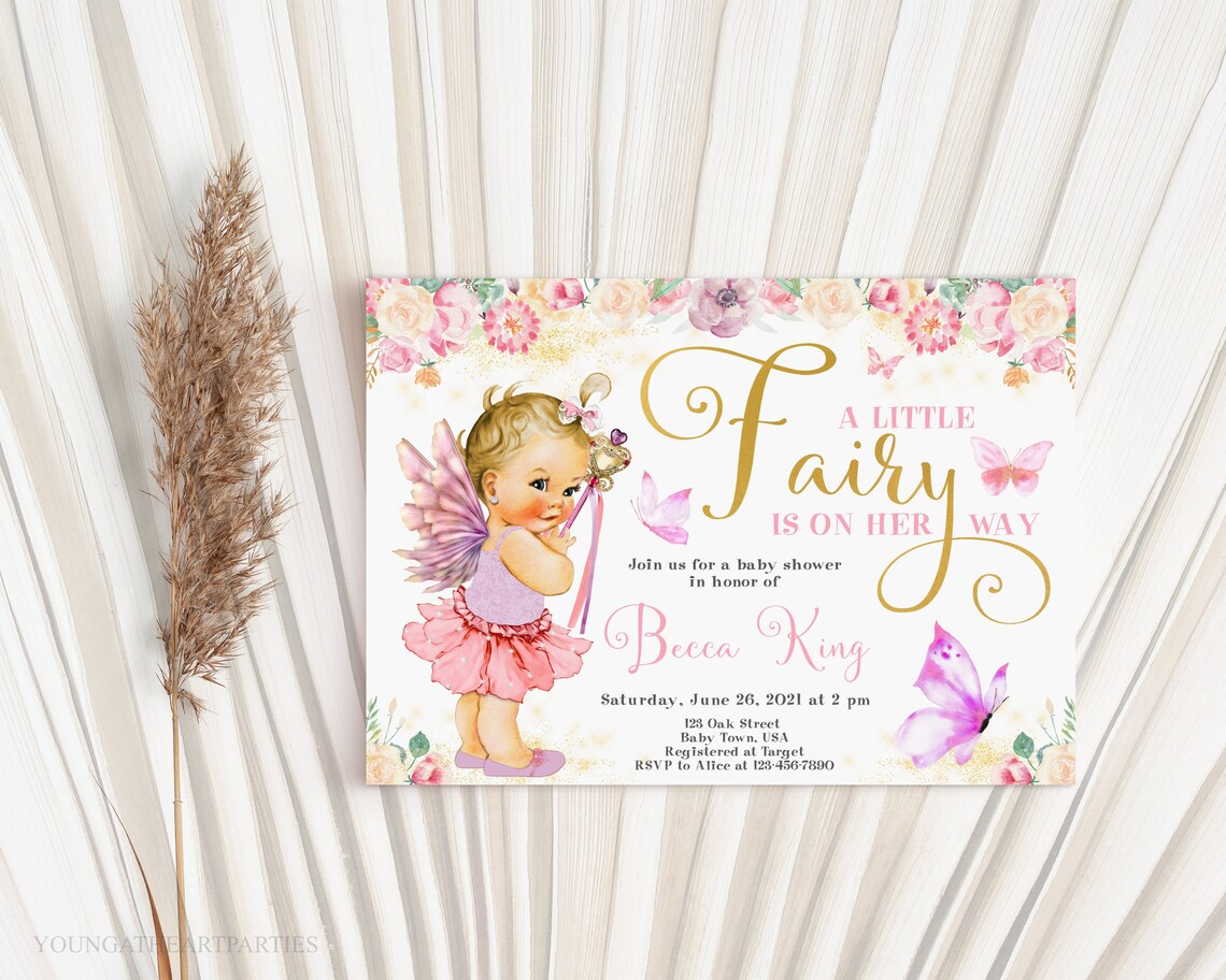 Editable Fairy Baby Shower Invitation Butterfly Baby Shower Invite Pink And Gold Baby Girl Shower Invitation Instant Corjl