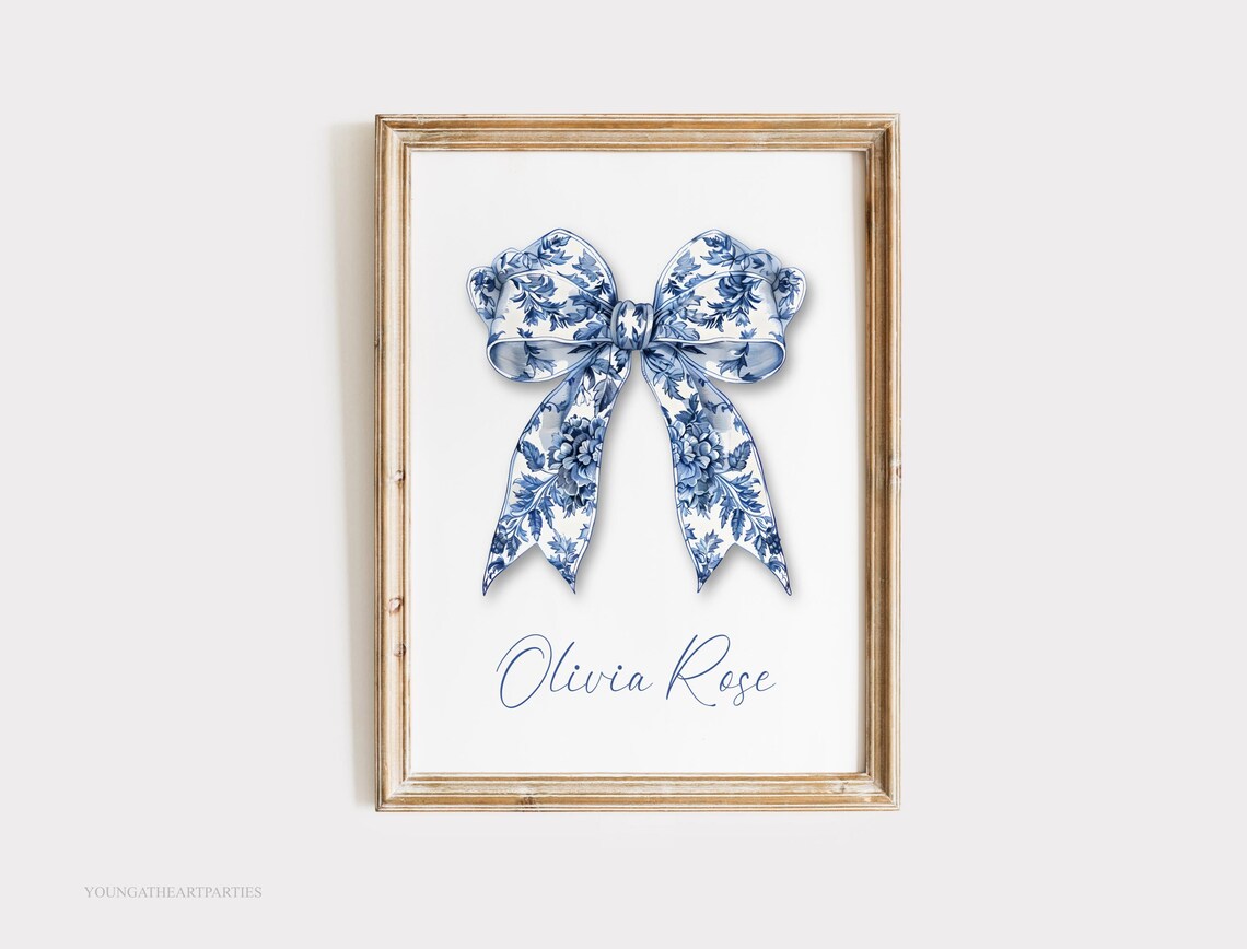 Blue Floral Bow Personalized Baby Girl Nursery Name Wall Art - Image 4