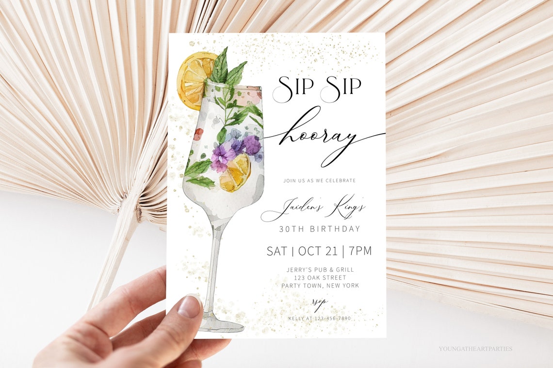 Sip Sip Hooray 30th Birthday Cocktail Party Invitation Template Print
