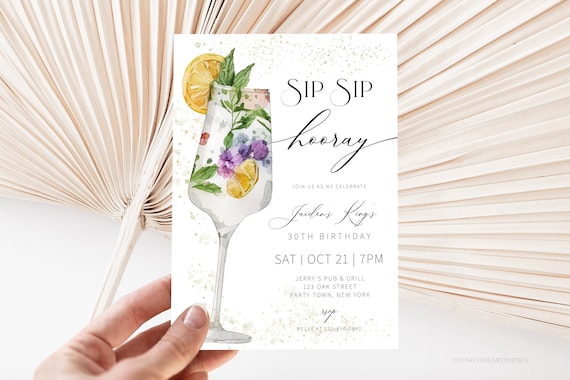 Sip Sip Hooray 30th Birthday Cocktail Party Invitation Template Print