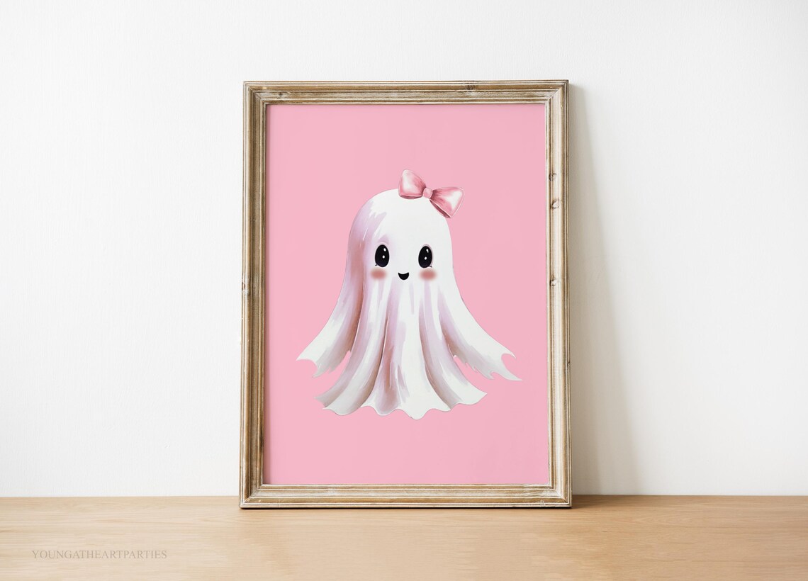 Cute Pink Bow Ghost Halloween Nursery Baby Girl Room Wall Art - Image 6