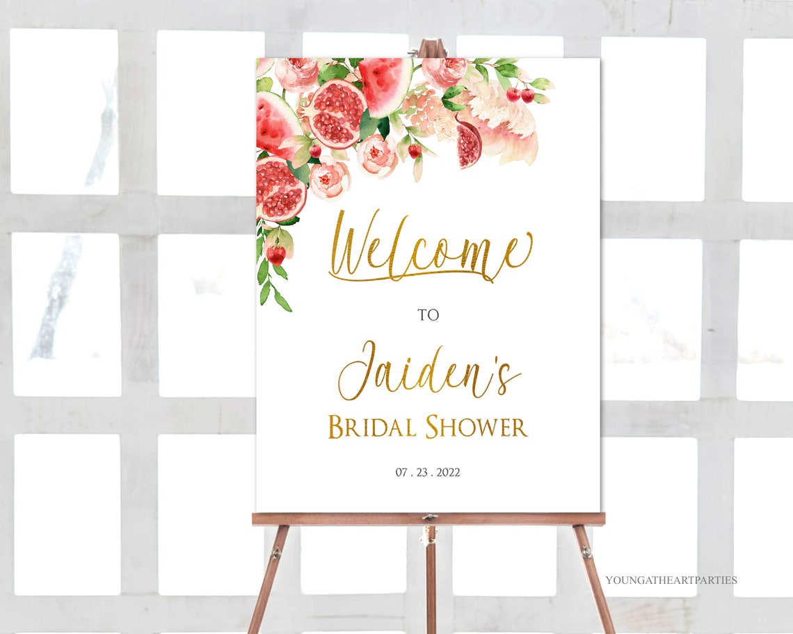 Pink Floral Fruit Bridal Shower Welcome Sign Watercolor Gold Print