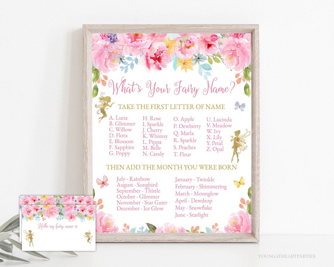Whats Your Fairy Name Game Sign Floral Pink Pixie Party Activity Poster
