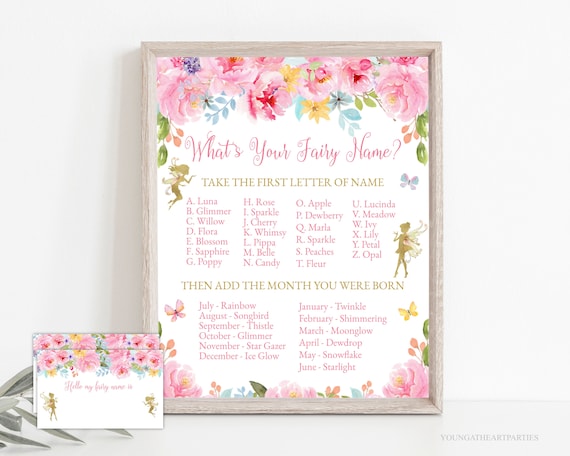 Whats Your Fairy Name Game Sign Floral Pink Pixie Party Activity Poster