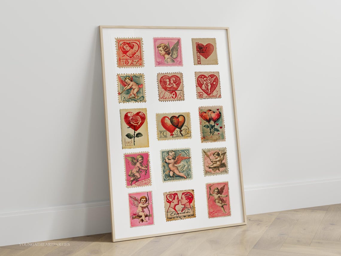 Vintage Valentine Postage Stamp Collage Romantic Love Wall Art
