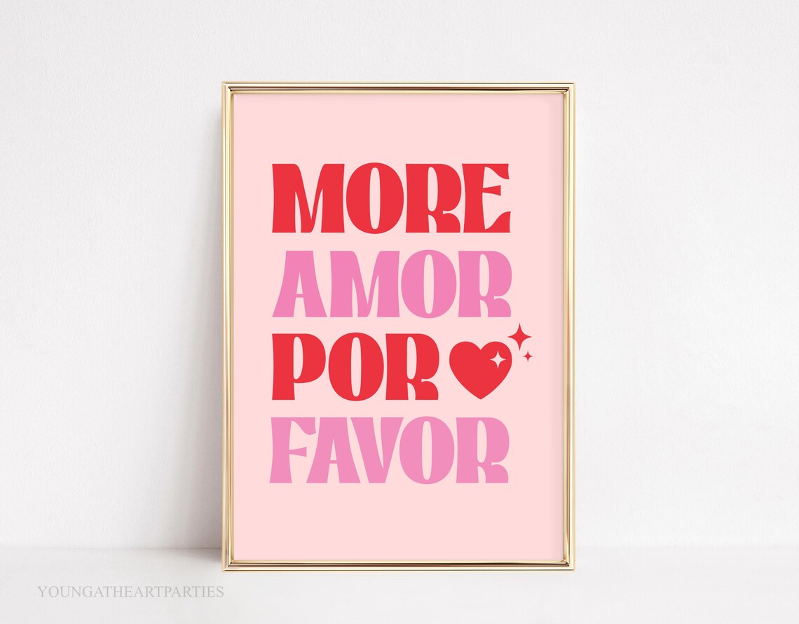 More Amor Por Favor Typography Wall Decor Pink Red Heart Love Poster