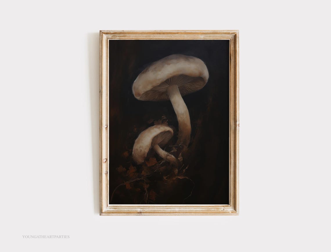 Vintage Moody Mushroom Oil Painting Dark Botanical Forest Wall Art - Image 4