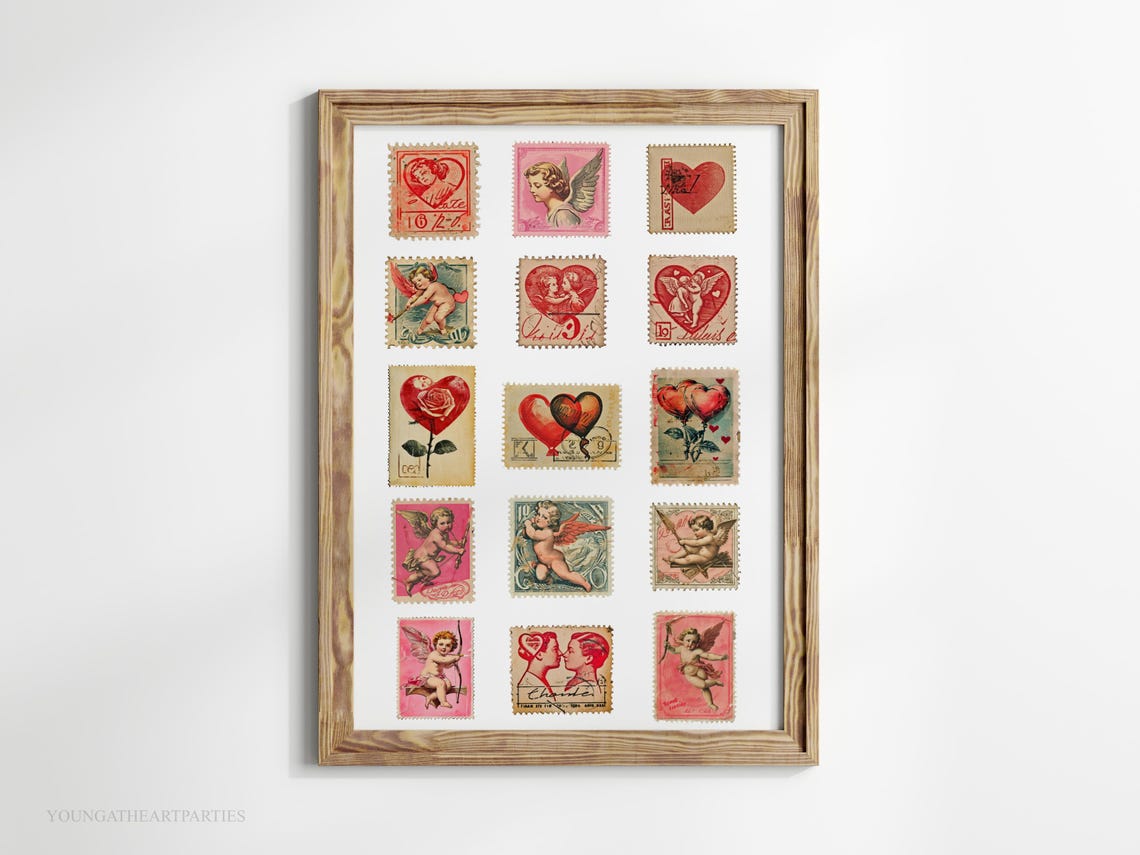 Vintage Valentine Postage Stamp Collage Romantic Love Wall Art - Image 5