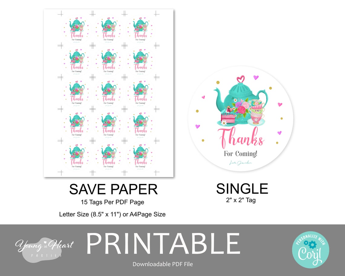 Tea Party Thank You Favor Tags Pink Gold Round Sticker Print - Image 2