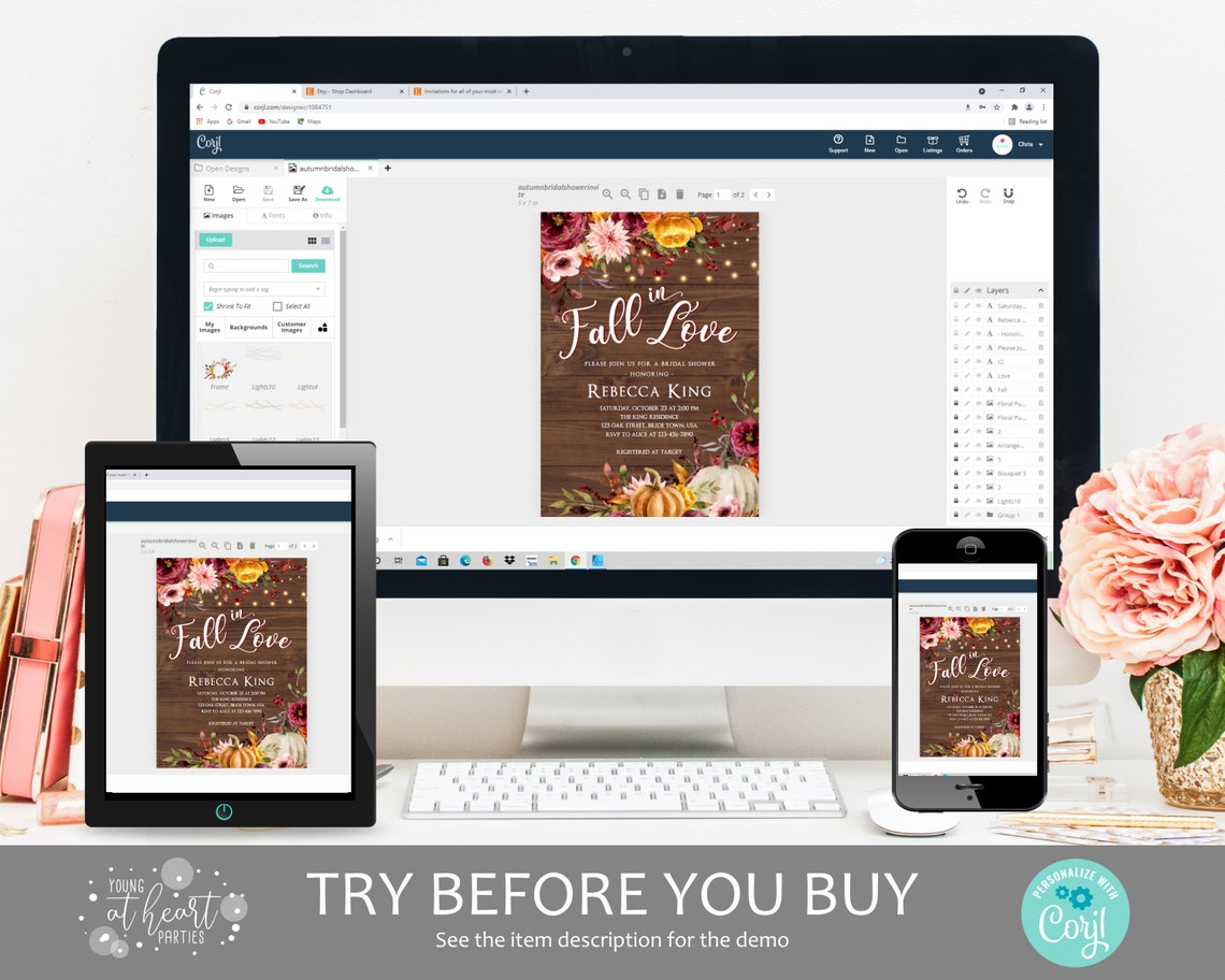 Fall in Love Bridal Shower Invitation Rustic Pumpkin Floral Wood Print - Image 2