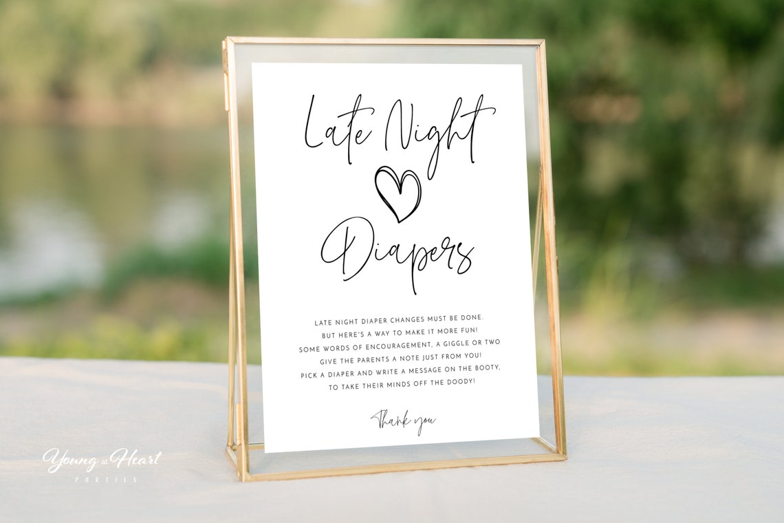 Late Night Diapers Baby Shower Game Sign Minimalist Script Print - Image 5
